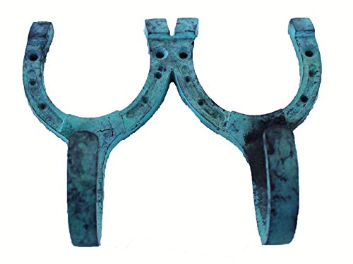 Challenger Horseshoe Wall Mount in patina finish with two hooks, perfect for hanging keys and coats in an equestrian-themed home decor.