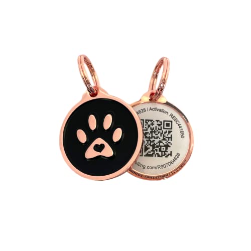 Keep Your Furry Friend Safe and Stylish with Pet Dwelling 2D QR Code Pet ID Tag - Featuring Online Pet Profile, Scan Tag Location, and Instant Email Notification in a Beautiful Rose Gold Black Paw Design!
