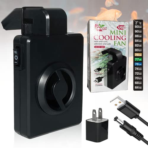 Mini aquarium cooling fan with adjustable wind speeds, designed to lower water temperature efficiently for tanks up to 17.5 inches. Features quiet operation and easy installation with a safety USB interface.