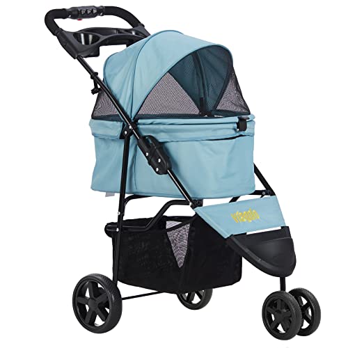 Foldable Pet Stroller for Comfortable Travel with Cats and Dogs: Detachable Liner and Storage Basket, 3-Wheel Design for Easy Maneuvering (Light Blue).