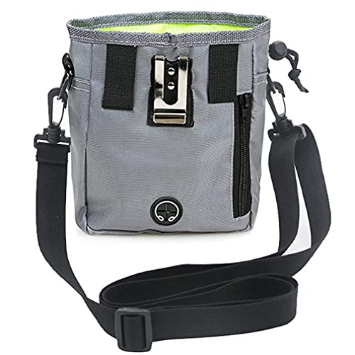 Gray weather-proof pet training pouch with adjustable straps and multiple compartments for treats, toys, and accessories, featuring a built-in waste bag dispenser