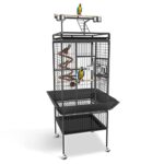 61-inch wrought iron bird cage with rolling stand and playtop, designed for small to medium-sized birds, featuring a pull-out waste tray and rope bungee bird toy