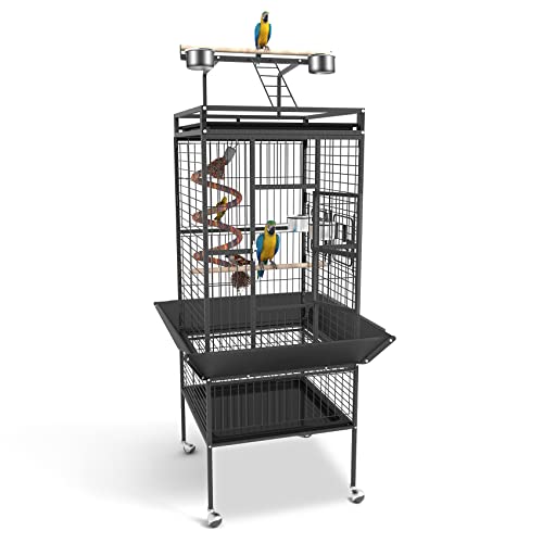 61-inch wrought iron bird cage with rolling stand and playtop, designed for small to medium-sized birds, featuring a pull-out waste tray and rope bungee bird toy