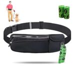 Black dog walking fanny pack with adjustable straps, reflective strips, and multiple storage pockets for phone, keys, treats, and a side-access poop bag dispenser