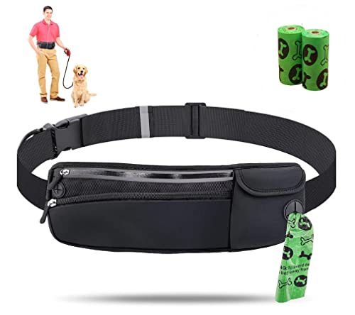 Black dog walking fanny pack with adjustable straps, reflective strips, and multiple storage pockets for phone, keys, treats, and a side-access poop bag dispenser