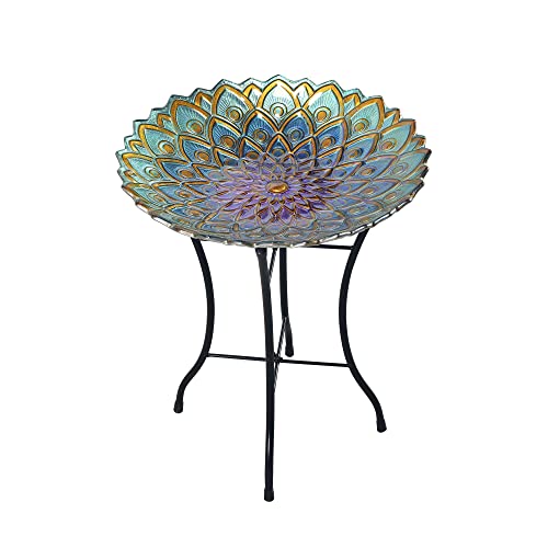 Add a Pop of Color to Your Outdoor Decor with a Hand-Painted Mosaic Flower Fusion Glass Pedestal Bird Bath - 21 Inches Tall in Beautiful Blue and Purple!