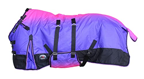 CHALLENGER 84” 1200D Waterproof Turnout Rain Sheet in Pink/Purple Ombre with adjustable straps, tail flap, and fleece wither protection for horses.