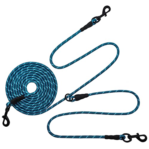 Double Dog Tie Out: 12FT, 20FT, 30FT Reflective Nylon Rope Tether for Two Dogs - No Tangle, 1/3 Inch Diameter - Perfect for Yard, Outdoors and Camping.