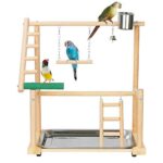 Natural Wood Parrot Playstand with Feeder Cups, Ladder, and Swing - Ideal Pet Bird Playground for Small/Medium Birds.