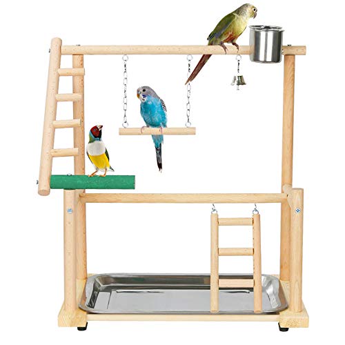 Natural Wood Parrot Playstand with Feeder Cups, Ladder, and Swing - Ideal Pet Bird Playground for Small/Medium Birds.