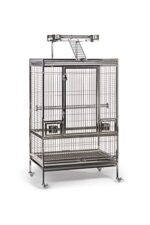 Large stainless steel bird cage with a playtop, featuring a rooftop ladder, comfortable perches, and food and water cups. Suitable for cockatiels and parrots, with rolling casters for easy mobility.