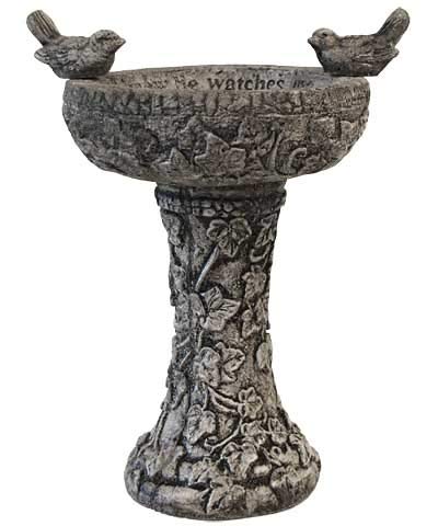 Pre-aged gray concrete bird bath with bird figures and inspirational inscription, perfect for outdoor decoration and attracting birds