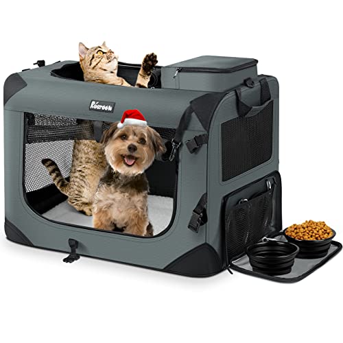 Soft Sided Large Cat Carrier with Pockets, Bowls, and Breathable Meshes - Ideal for Traveling with Cats, Dogs, Puppies, and Kittens (24"x17"x17", Gray).