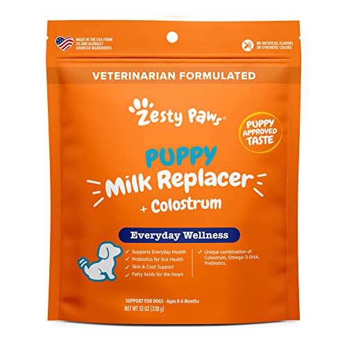 Zesty Paws Puppy Milk Replacer with Colostrum - 12 oz powder supplement for puppies, promoting skin, coat, heart, and gut health with Omega-3 DHA, prebiotics, and probiotics