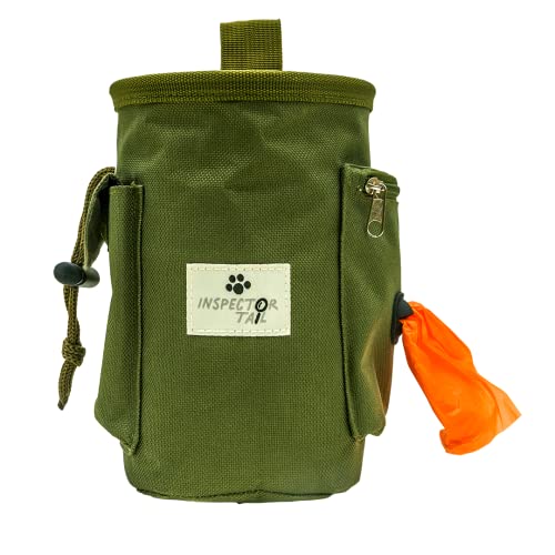 Inspector Tail Dog Treat Bag with built-in poop bag dispenser and adjustable straps, perfect for dog training and walking