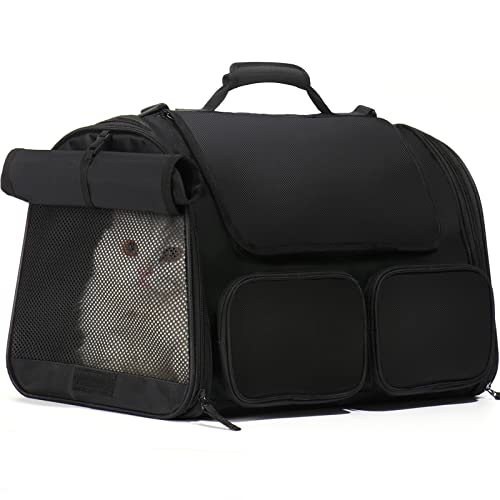 FUKUMARU Cat Carrier in black, featuring a soft-sided design with multiple entry points and a rollable cover, suitable for airline travel with small to medium pets