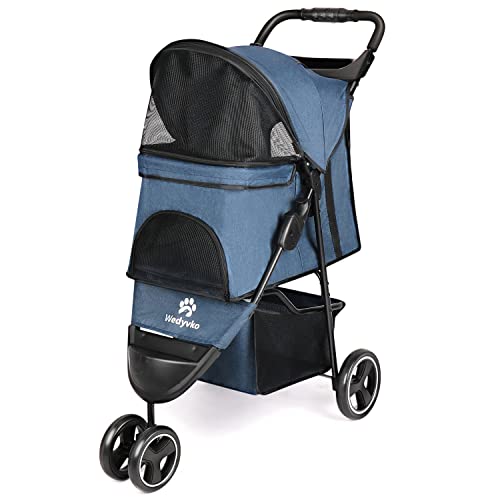 Pet Canine Stroller, 3 Wheels Foldable Canines and Cat Strollers with Storage Basket and Cup Holder for Small and Medium Cats, Canines, Puppies.