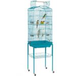 64-inch tall metal bird cage with open top design, detachable rolling stand, and sanded wooden perches, suitable for small birds like parakeets and finches