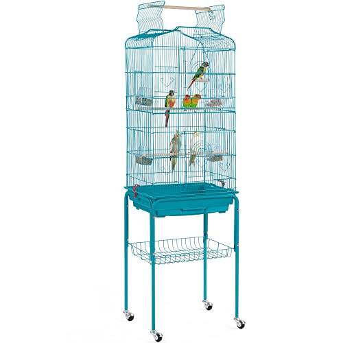 64-inch tall metal bird cage with open top design, detachable rolling stand, and sanded wooden perches, suitable for small birds like parakeets and finches