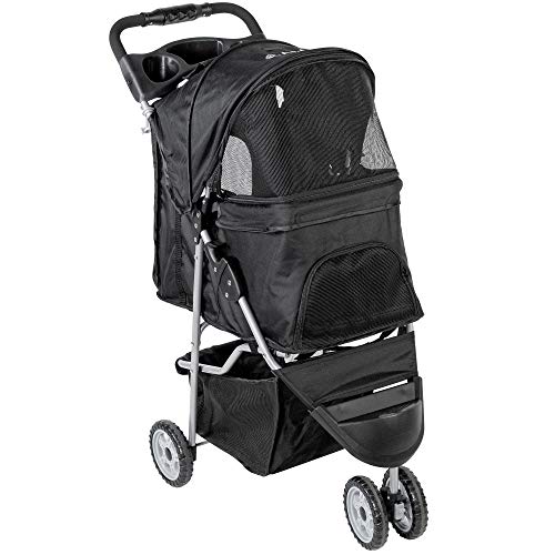 Pet Stroller 3-Wheel Black Foldable Carrier for Cats, Dogs, and More.