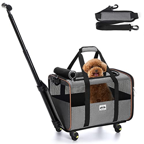 Rolling Pet Carrier with Telescopic Handle and Shoulder Strap - Airline Approved for Cats and Dogs, Grey.