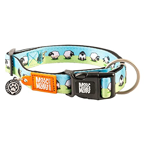 Max & Molly waterproof dog collar with QR code ID, adjustable for comfort, featuring vibrant designs for small to large dogs.