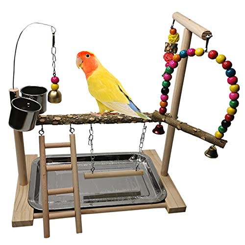 Natural Wood Parrot Playground Stand with Stainless Steel Feeder Cups - Perfect Exercise Gym for Cockatoos, Lovebirds, Conures, and More