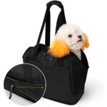 An expandable black dog carrier purse featuring a sturdy design and pockets, designed for small dogs and cats, showcasing its versatility for travel and comfort.