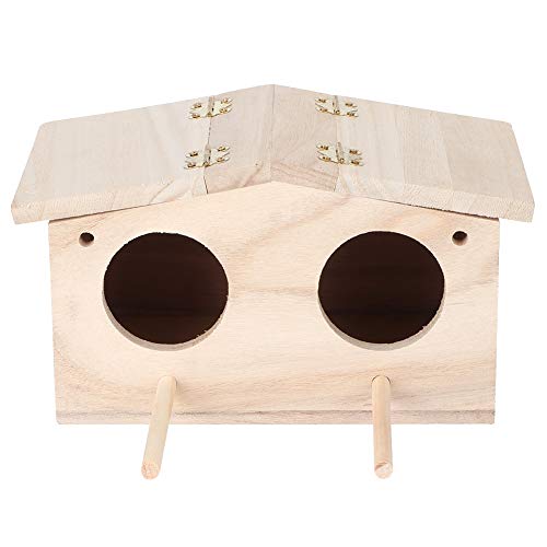 A wooden bird nest house with a natural wood finish and two ventilation holes, perfect for parrots, swallows, and other small birds, offering a cozy and safe nesting space