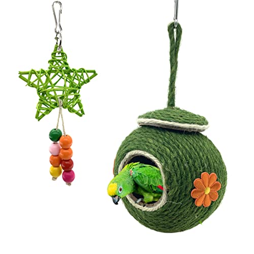 Natural Coconut and Straw Bird Nest with Green Woven Cover - Perfect for Small Parrots, Parakeets, Conures, Cockatiels, Lovebirds, and Finches.