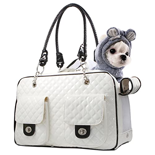 BETOP HOUSE Soft-Sided Pet Travel Carrier in shiny white patent leather with mesh ventilation, purse-like design, and safety hook for securing small pets inside