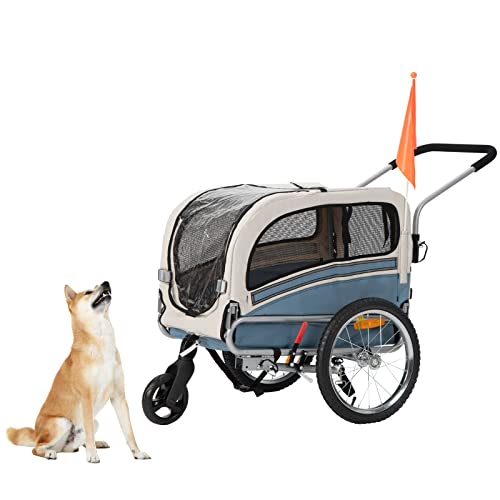 2-in-1 Dog Stroller and Bike Trailer - Easy Fold and Convertible (Blue/Gray).