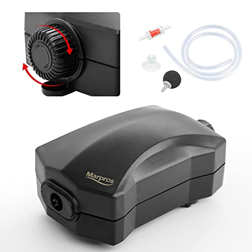 Marpros Aquarium Air Pump designed for 10-30 gallon fish tanks, featuring ultra-quiet operation, adjustable air flow, and complete accessories for easy setup