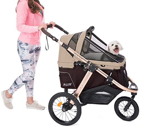 Upgrade Your Pet's Jogging Experience with Pet Rover Run Performance Sports Stroller: Comfort Rubber Wheels, Zipper-Less Entry, Quick Fold - Ideal for Small/Medium Dogs, Cats, and Pets - Aluminum Frame - Taupe.