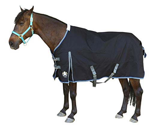 TEKE Ultimate Turnout Horse Sheet in 1050D ballistic nylon, featuring waterproof and breathable fabric with quick-clip closures and tail flap for superior protection and comfort