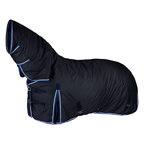 HORZE Glasgow Medium Weight Waterproof Combo Turnout Horse Blanket with Neck Cover in Dark Blue, designed for warmth and protection in all weather conditions