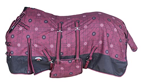 Challenger 74-inch burgundy snowflake waterproof turnout horse sheet, featuring a durable 1200 Denier outer shell and adjustable closures for secure fit