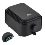 Ultra-silent aquarium air pump with adjustable flow and dual outlets for fish tanks up to 600 gallons.