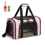 Pink cat and dog carrier bag, airline-approved and collapsible, featuring adjustable shoulder strap, durable polyester fabric, and mesh sides for visibility and ventilation.