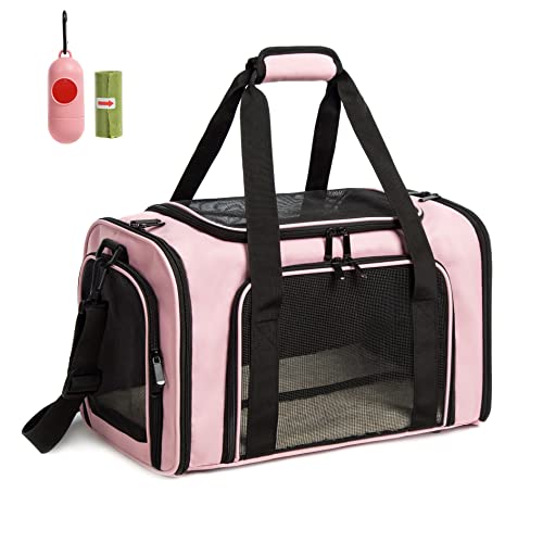 Pink cat and dog carrier bag, airline-approved and collapsible, featuring adjustable shoulder strap, durable polyester fabric, and mesh sides for visibility and ventilation.