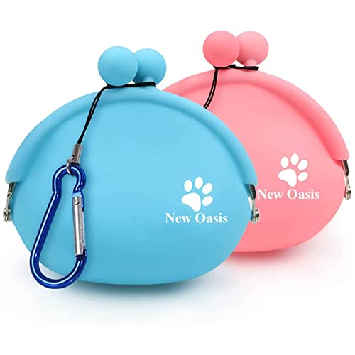 New Oasis Dog Treat Pouch in blue and pink, made from durable silicone with a secure carabiner clip – ideal for on-the-go dog training, walks, and carrying essentials like keys or poop bags