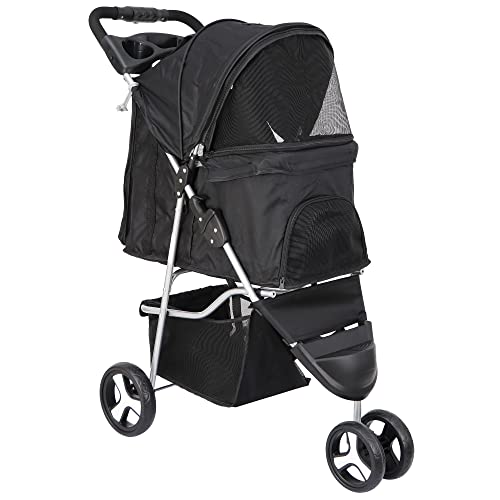 Travel in Style with Our Foldable 3-Wheel Pet Stroller: The Ultimate Companion for Cats and Dogs! Featuring a Sleek Black Design, Storage Basket, and Convenient Cup Holder.