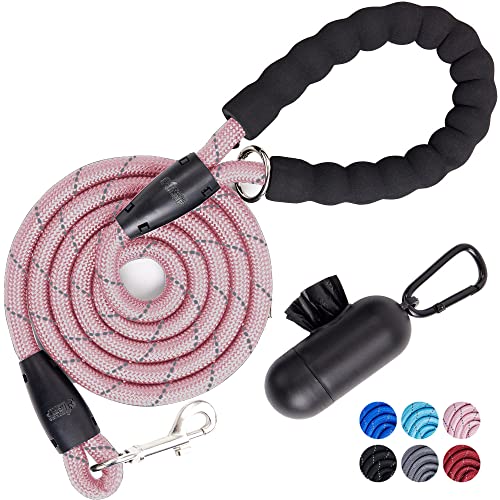 Gorilla Grip Heavy Duty Dog Leash: Durable nylon with soft handle and reflective threads for safety, complete with a waste bag dispenser