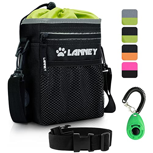 Multi-functional Pet Training Bag for Canines - Hold Treats, Kibble, Toys & Poop Bags All in One Convenient Pouch with Waist Belt, Shoulder Strap & Metallic Clip - Suitable for Small to Large Dogs, Black with Green.
