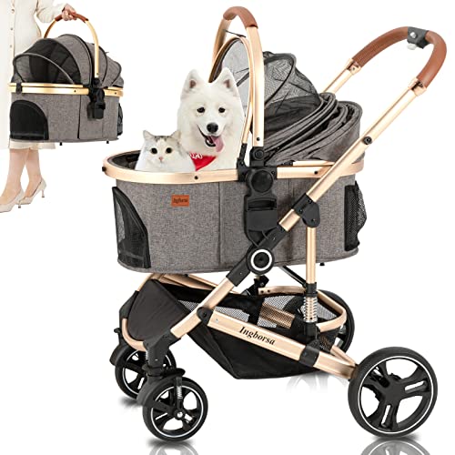 Foldable Pet Stroller with Aluminum Alloy Frame for Small and Medium Dogs & Cats - Easy to Use Travel System with Detachable Liner and Storage Basket.