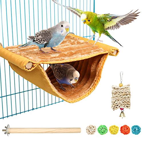 Plush Bird Hammock House for Small Animals - Winter Warmth & Comfortable Resting Place for Budgies, Parakeets, Cockatiels, Hamsters and More - Yellow