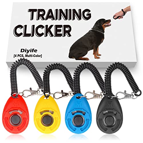 Multi-Color Dog Clicker Training Set with four colors and wrist strap, ideal for training dogs, cats, and other pets.