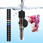 DaToo Mini 25W Aquarium Heater fully submerged in a 3-gallon fish tank, showing its compact size and sleek design with red light indicator on