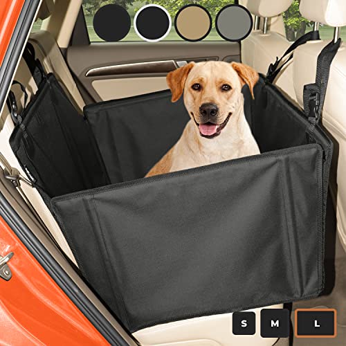 Black Wuglo Extra Stable Dog Car Seat with reinforced walls and four fastening straps, designed for medium-sized dogs, providing secure and comfortable travel in the back seat