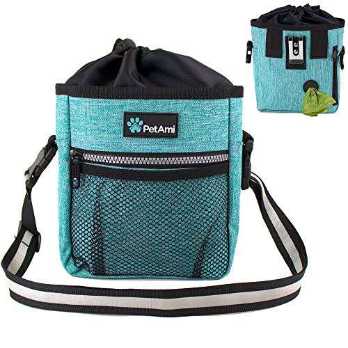 Turquoise dog training pouch with waist shoulder strap and built-in waste bag dispenser, designed for carrying treats, toys, and personal items during pet outings